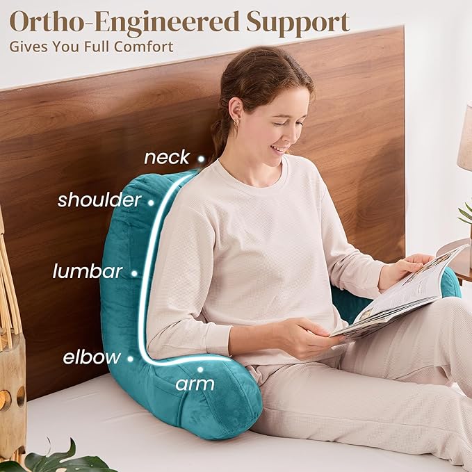 Sasttie Reading Pillow, Pillows for Reading or Relaxing – Ergonomic Support for Head, Neck, Back, and Lumbar, 21-Inch, Teal