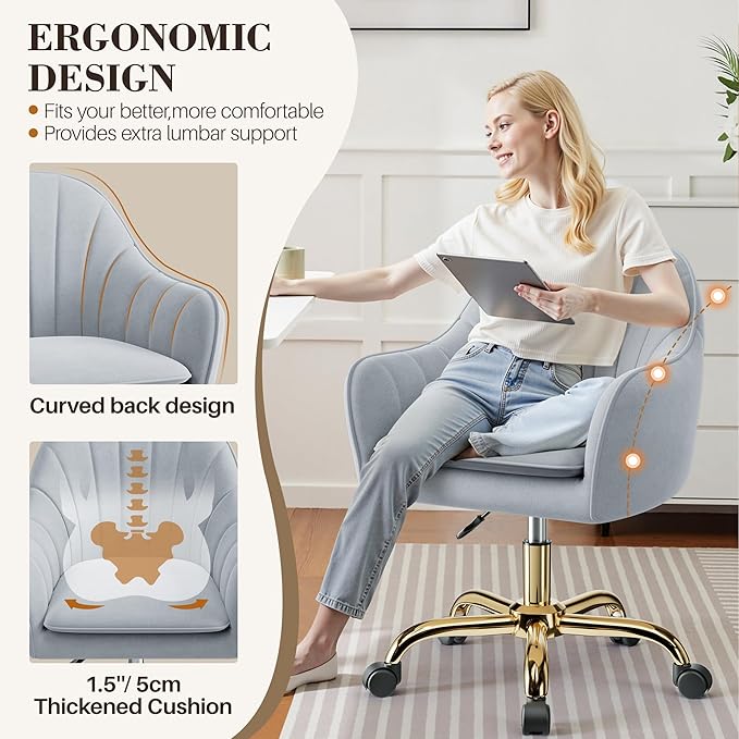 Vanity Chair with Wheels, Comfy Home Office Desk Chairs Adjustable Modern Velvet Makeup Vanity Chairs for Bedroom Living Room-Gray