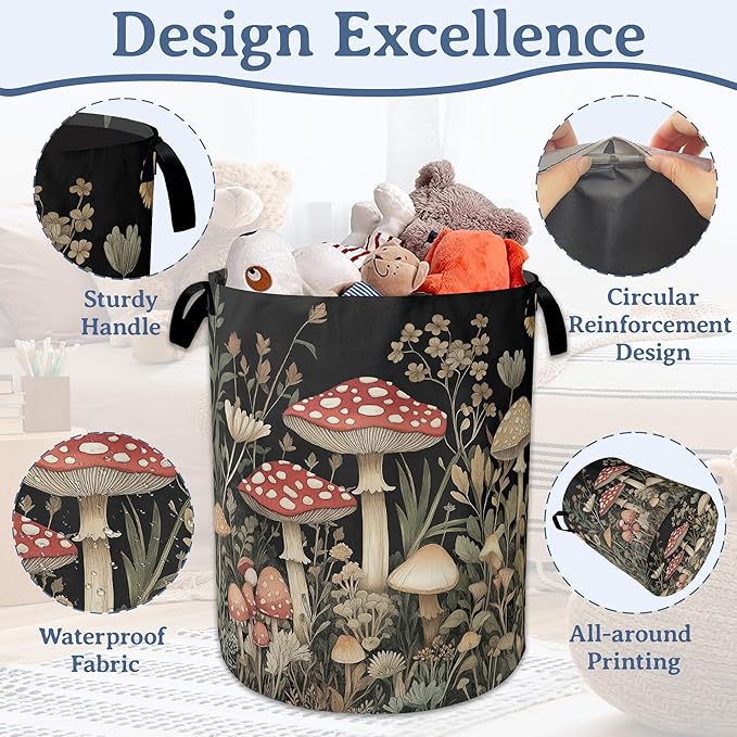 Red Mushrooms Laundry Basket,Foldable Waterproof Oxford Cloth Tote Bag Wildflower Plant Berries Laundry Hamper with Handles,20.8"x16" Clothes Storage Bucket Organizer for Laundry Room Bathroom Bedroom