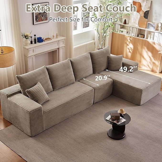 135" Cloud Sectional Couch with L-Shape Chaise, Modern Modular Comfy Sofa Chaise Longue, Upholstered Corduroy Couches Sleeper with Deep Seat for Living Room Bedroom, No Assembly Required, Camel