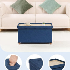 B FSOBEIIALEO Storage Ottoman with Tray, Foot Stools and Ottomans with Legs, Storage Cube Seat Linen Blue 30