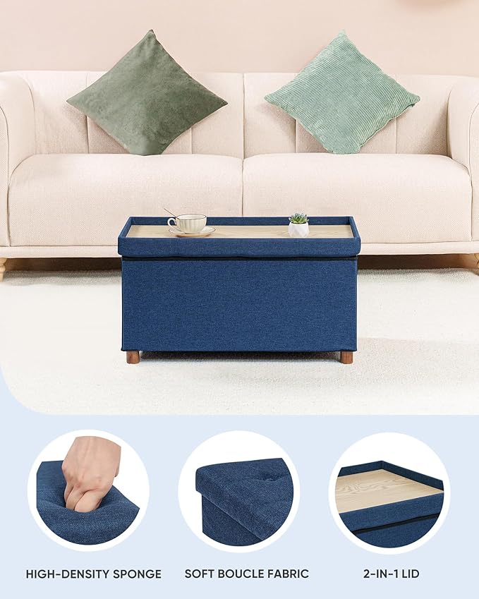 B FSOBEIIALEO Storage Ottoman with Tray, Foot Stools and Ottomans with Legs, Storage Cube Seat Linen Blue 30"