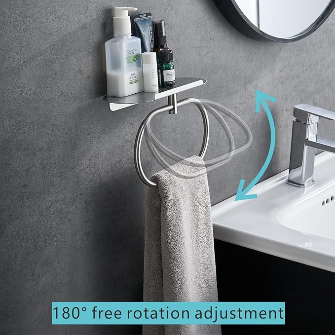 Towel Ring with Shelf Steel Self, Stainless Steel Bath Towel Rings, Self Adhesive Hand Towel Ring for Bathroom, Wall Mounted Towel Hanger for Bathroom Kitchen (Silver)