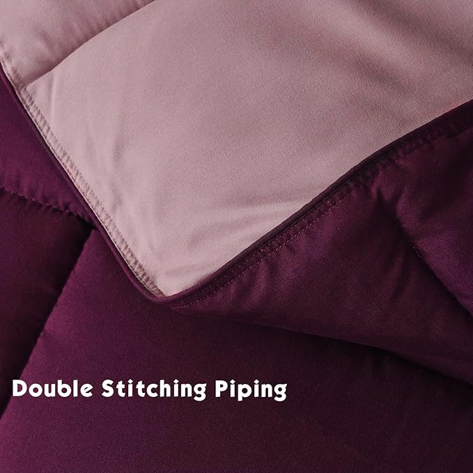 HIG 3pc Plum Queen Comforter Set - All Season Reversible Down Alternative Comforter with Two Shams - Quilted Duvet Insert with Corner Tabs - Box Stitched - Breathable, Soft, Fluffy