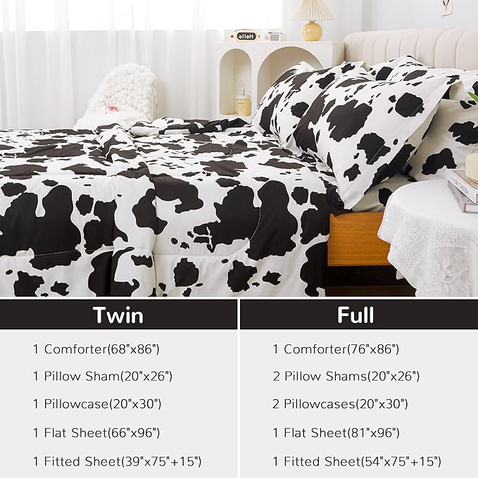 Viviland Kids Twin Bedding Sets for Girls, Boys Soft Twin Comforter Set with Sheets, 5 Pieces Microfiber Bed in a Bag, Cow Animal