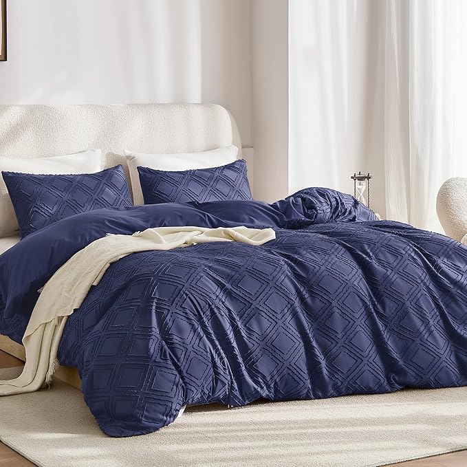 JELLYMONI Duvet Cover Queen Size Navy Blue - 3PCS Boho Duvet Cover Set Plaid Polyester Tufted Bohemian Jacquard Knit Textured Comforter Cover 90×90in Rhombic Geometric Pattern Zipper Corner Tie