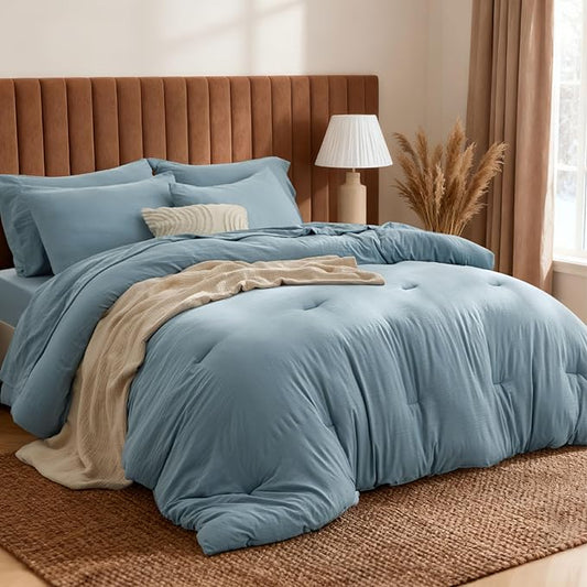 Bedsure Queen Size Comforter Set, Dusty Blue Soft Prewashed Bedding for All Seasons, 7 Pieces Warm Winter Down Alternative Bed Set, Fluffy Bed in a Bag with Sheets, Pillowcases & Shams