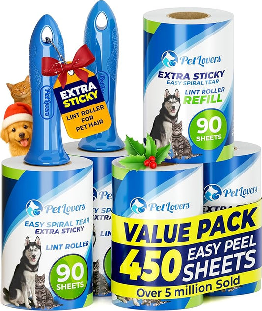 PetLovers Extra Sticky Lint Roller Mega Value Set 450 Sheets for Pet Hair Removal and Clothes, Dog and Cat Lint Remover 5 Pack