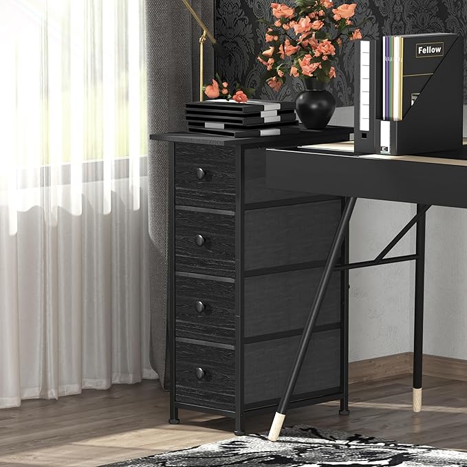 GiftGo Narrow Dresser Vertical Slim Dresser Chest of Drawers Skinny Storage Tower for Small Spaces Gaps Closet Bedroom Bathroom Small Fabric Drawer Unit (Charcoal Black, 4 Drawers)
