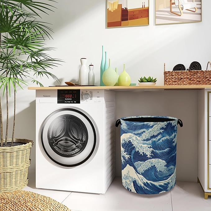 Ocean Wave Laundry Basket,Japanese Foldable Oxford Cloth Tote Bag Laundry Hamper Clothes Storage Bucket Organizer for Bedroom Laundry Storage Dormitories 16" x 20.8"