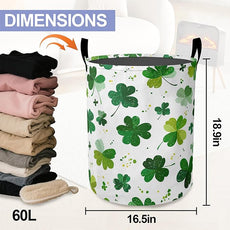 Green Lucky Clover Laundry Basket-Large Foldable Hamper Holder Portable Tall Collapsible Laundry Hamper Storage Basket Bin with Handles, Canvas & Waterproof lining for Household Items