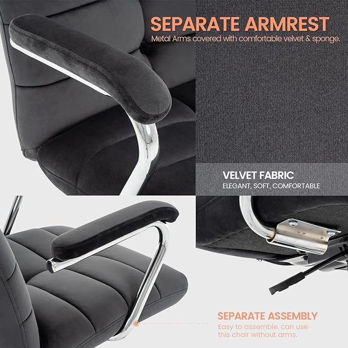 Velvet Home Office Desk Chair, Upholstered Adjustable Swivel Task Chair with Wheels, Tufted Mid-Back Computer Chair with Arms, for Study Living Room Vanity (Dark Grey)