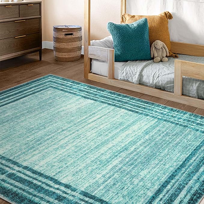 Lahome Modern Abstarct Area Rugs 5x7, Washable Teal 5x7 Bedroom Rug Soft Living Room Rug Non Slip, Low-Pile Indoor Rugs for Living Room Minimalist Floor Carpet for Dining Room Kids Playroom