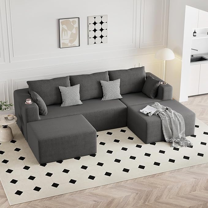 Furnimart 112" U Shaped Modular Sectional Sofa with 2 Ottomans, Boneless Cloud Couch with Chaise for Living Room, Modern Deep Seat Lounge Sleeper Couch Bed, No Assembly, Corduroy Dark Grey