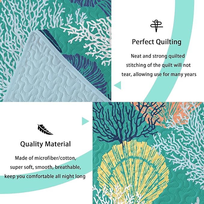 Tritard 3 Piece Coastal Quilt Sets Full/Queen Size - Reversible Microfiber Quilts with 2 Shams Soft Lightweight Beach Bedding Nautical Bedspread Coverlet Summer Comforter for All Season, 90''x96'', C3