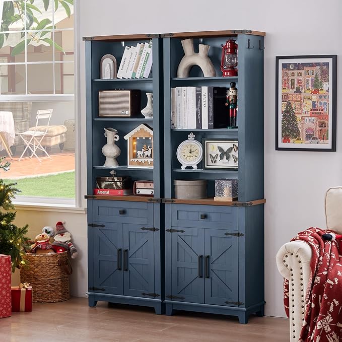 72in Tall Bookshelf 7 Tier Bookcase with Drawer and Barn Doors and Adjustable Shelves, Blue Farmhouse Book Shelf with Storage Cabinet, Wood Freestanding Display Bookshelves for Living Room