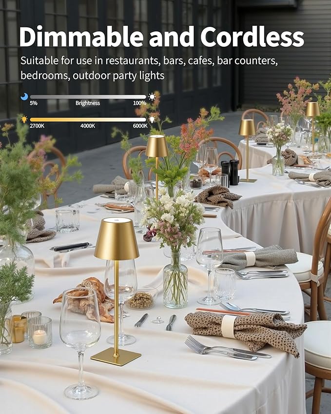KDG 2 Pack Cordless Table Lamp, Portable LED Desk Lamps, 5000mAh Battery Operated, 3 Color Stepless Dimming Up, for Restaurant, Bedroom, Outdoor Camping, Coffee Shop, Night Light, Rechargeable (Gold)