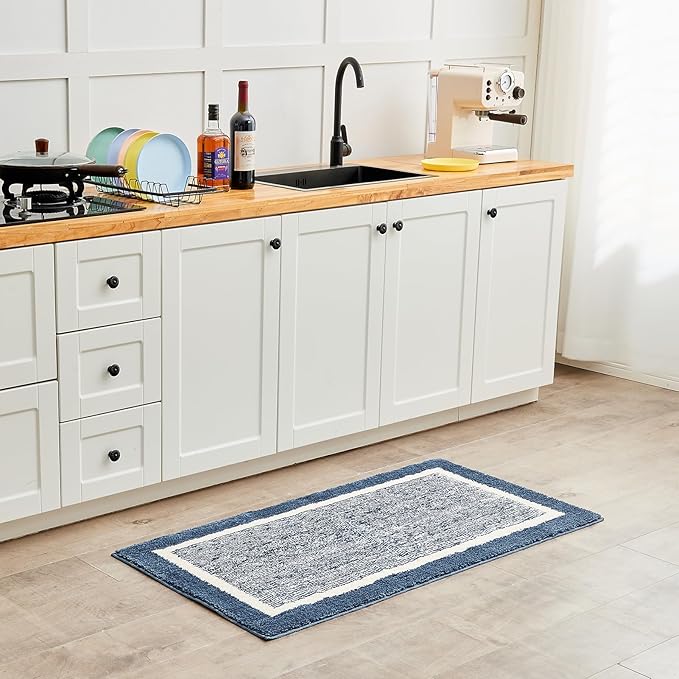CozeCube Bath mats for Bathroom Non Slip, Fluffy Absorbent Microfiber Bath mat Washable, Aesthetic Bathroom Rugs, Long Navy Blue Bath mat, Navy Blue, 47" x 24"