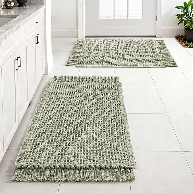 H.VERSAILTEX Waffle Bath Mat Super Absorbent Boho Bath Mat Non Slip Bath Rugs for Bathroom Floor Machine Washable Dry Fast Bathroom Rugs with Tassels (20 x 32 Plus 17 x 24 Inches, Sage)