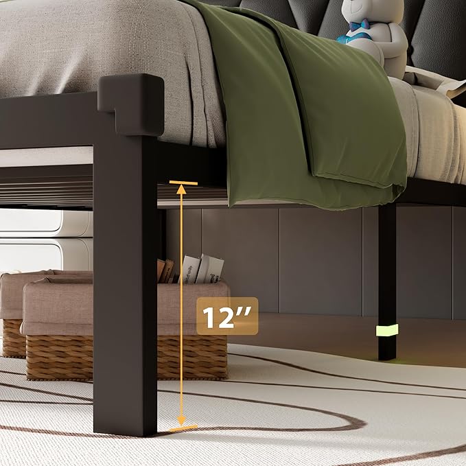 iPormis Twin Metal Bed Frame, Faux Leather Platform Bed with Button Tufted Headboard, Heavy Duty Slats Support, 12" Under Bed Storage, No Box Spring Needed, Easy Assembly, Black