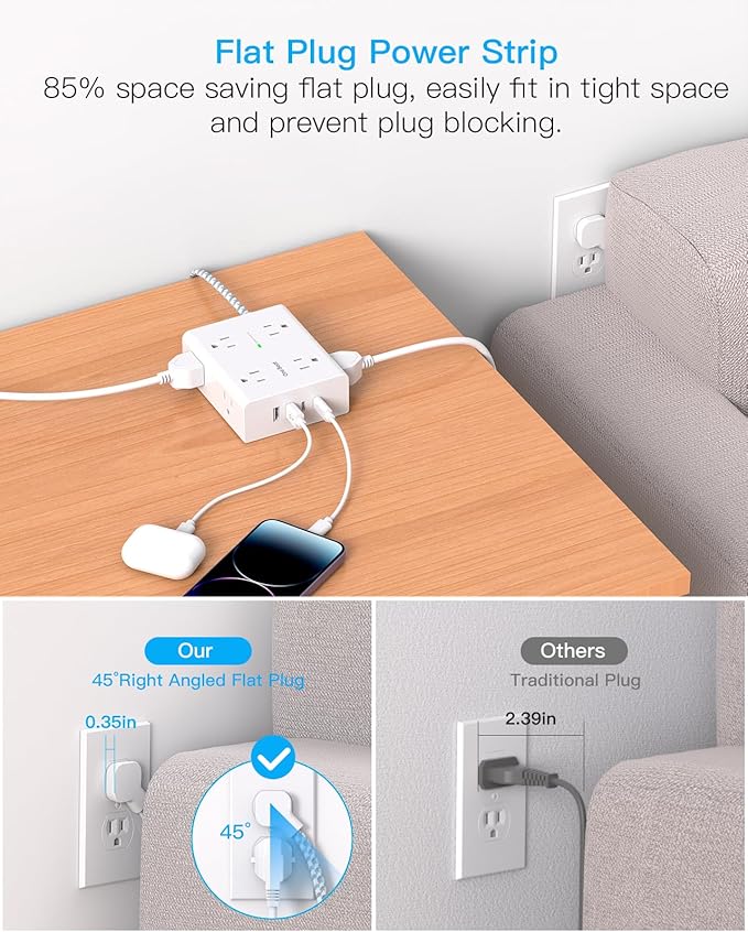 10Ft Extension Cord with Multiple Outlets, Flat Plug Power Strip Surge Protector 10 Ft Long Cord, 8 Outlet 4 USB Ports (2 USB C), Multi Outlet Wall Plug for Office, College, Dorm Room Essentials