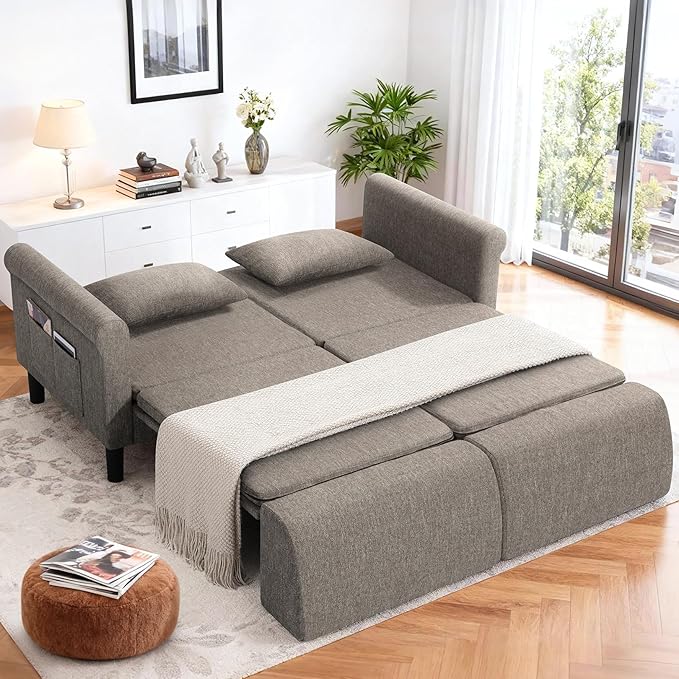 SEJOV 74" Convertible Sofa Bed, 5-in-1 Loveseat Sleeper Sofas with Pull Out Couch Bed, Storage Pockets & 2 Pillows, Modern Folding Linen Futon Couch for Living Room, Bedroom, Small Space, Brown