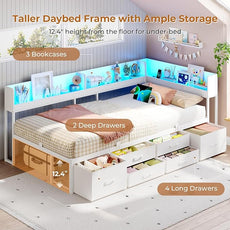 VIAGDO Corner Bed Frame with Storage Bookcase and 6 Drawers, Twin XL Metal Platform Corner Bed Frame with LED Lights and Charging Station, Twin XL Daybed for Kids Teenagers, White