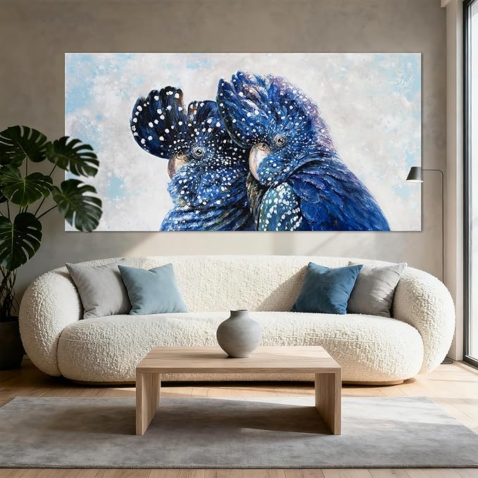 YETHEN WAL Blue Parrot Wall Art, Oversized Blue Bird Canvas Print, Cobalt Textured Animal Artwork for Living Room Bedroom Hallway, 29×58 Inch