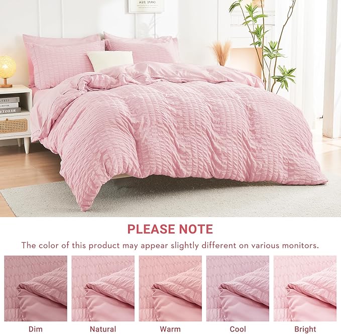 HYMOKEGE Pink California King Comforter Set Seersucker 7 Pieces, All Season Luxury Bed in a Bag for Bedroom, Bedding Set with Comforters, Sheets, Pillowcases & Shams