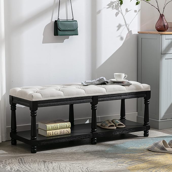 Chairus Storage Bench 45.5 "W Extra-Long Button Tufted Entryway Bench with Wood Shoes Rack End of Bed Bench with Fabric Linen Upholstered Rectangular Seat for Bedroom Hallway Living Room Window, Beige