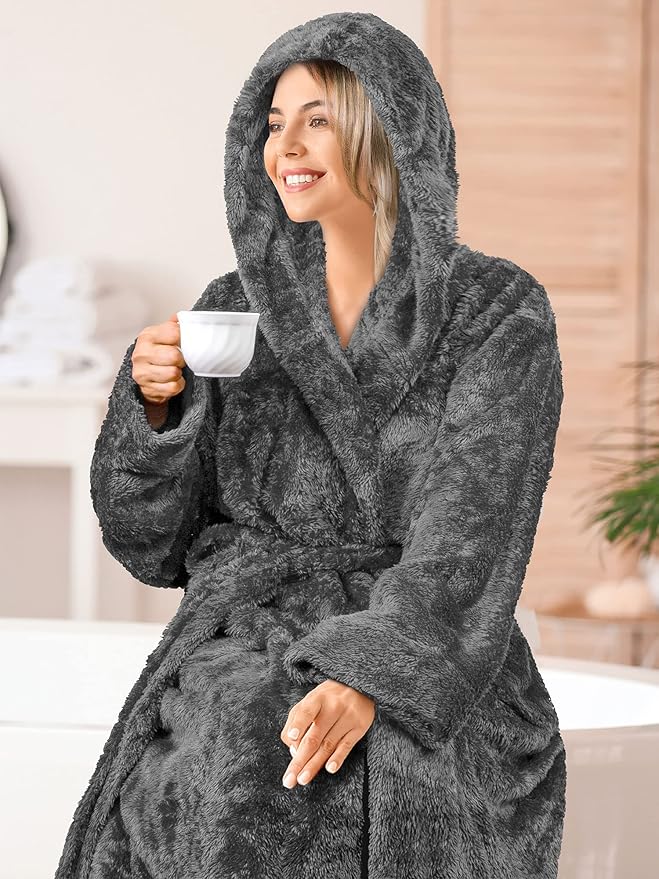 PAVILIA Women Hooded Plush Soft Robe | Fluffy Warm Fleece Sherpa Shaggy Bathrobe