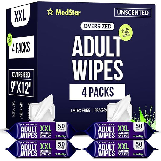 Adult Wipes for Elderly 4 Pack - Extra Large Extra Thick No-Rinse Bathing Wet Wipes for Adults - Incontinence Shower Alternative Disposable Washcloths - Fragrance-Free XXL