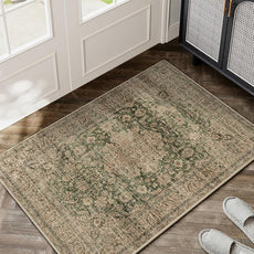 2x3 Washable Vintage Area Rug Green Brown Entryway Kitchen Carpet Non-Slip Soft Low Pile Distressed Indoor Small Throw Rug for Bedroom Bathroom Entrance