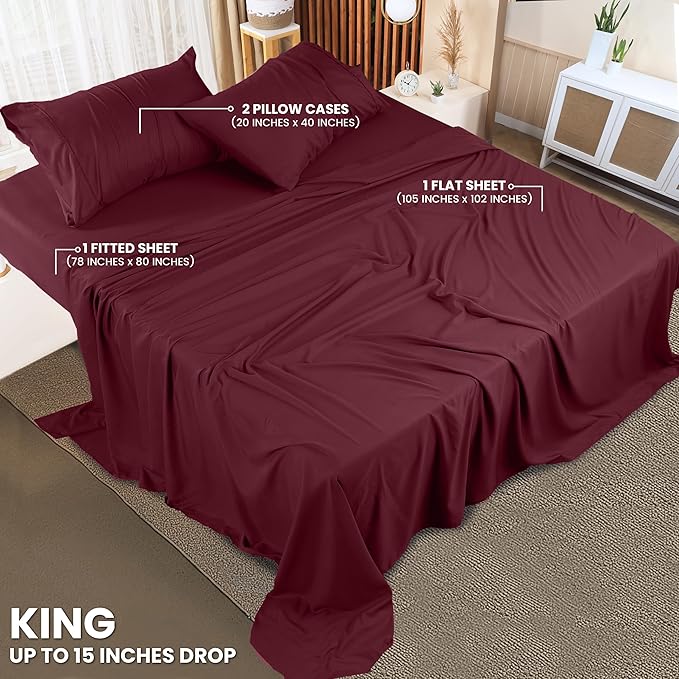 Utopia Bedding King Sheet Set – 4 Piece Bed Sheets for King Size Bed, Soft and Breathable Microfiber, Includes 1 Fitted Sheet, 1 Flat Sheet and 2 Pillowcases (Burgundy)