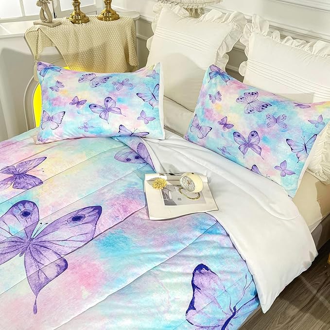 CVHOUSE Butterfly Comforter Set - King Size for Girls & Women - 3 Pcs (1 Comforter, 2 Pillowcases) - Butterfly Bedspread & Duvet