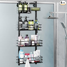 Orimade Over The Door Shower Caddy Adjustable 4 Tier Black,Bathroom Hanging Organizer Shelf Rustproof with 4 Hooks,Shower Basket with Soap Holder and Suction Cup