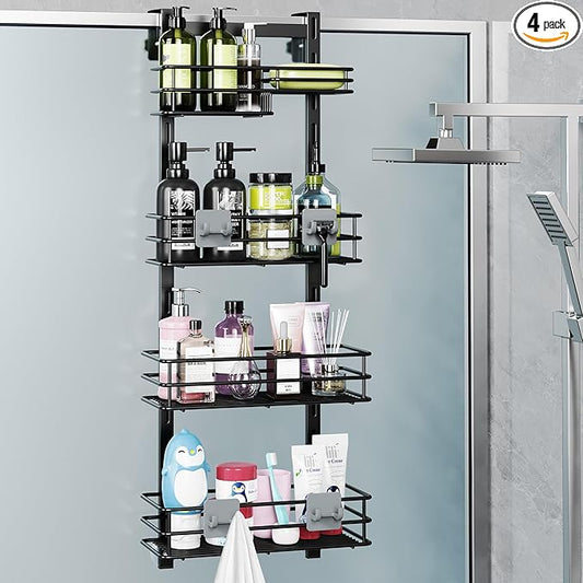 Orimade Over The Door Shower Caddy Adjustable 4 Tier Black,Bathroom Hanging Organizer Shelf Rustproof with 4 Hooks,Shower Basket with Soap Holder and Suction Cup