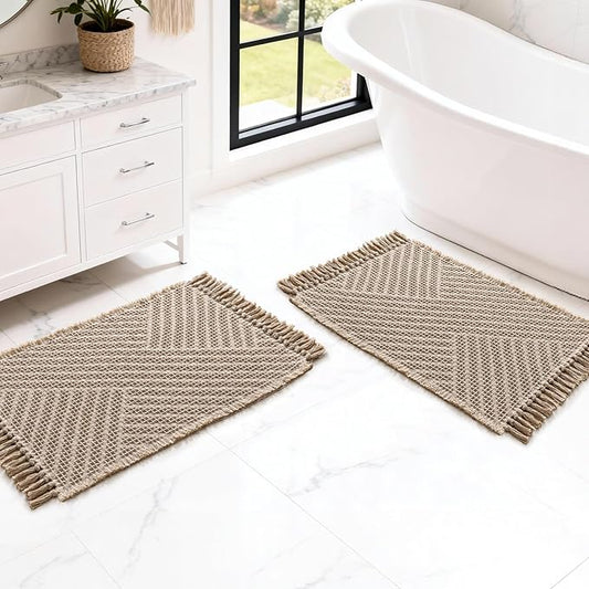 H.VERSAILTEX Waffle Bath Mat Super Absorbent Boho Bath Mat Non Slip Bath Rugs for Bathroom Floor Machine Washable Dry Fast Bathroom Rugs with Tassels (17 x 24 Plus 17 x 24 Inches, Irish Cream)