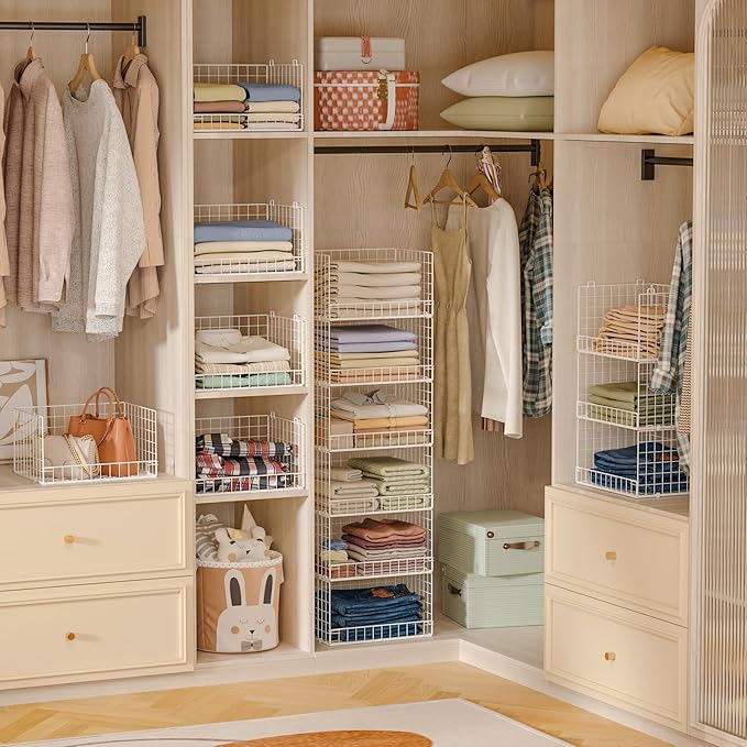 6-Tier Stackable Closet Organizers and Storage Shelves, Closet Shelf Organizer Basket Bins, Foldable Sweater Storage for Clothes Organizer System, White（Patent Pending）