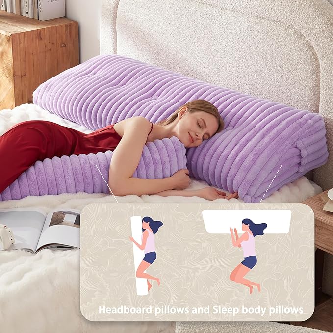 Headboard Pillow + A Long Neck Roll Pillow Body Pillow，Faux Fur Headboard Wedge Pillow with Removable Cover (Purple, Queen：59x8x20 inches)