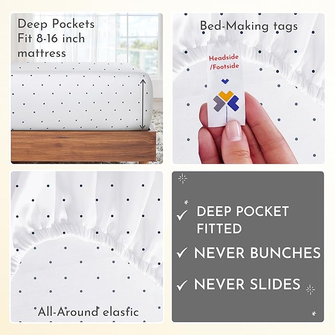 California Design Den Full Size Bed Sheets Set - 400 Thread Count Sateen, Natural 100% Cotton Sheets for Full Size Bed, Deep Pocket and Durable Bedding Set - Polka Dot CaliforniaDesignDen