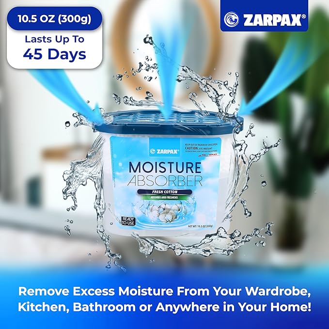 Moisture Absorber Fresh Cotton 10.5 oz/300g | Removes Moisture, Damp & Humidity | Odor Absorber With Fresh Cotton Fragrance | Moisture Trap for Bathroom, Closet, Kitchen | Set of 6