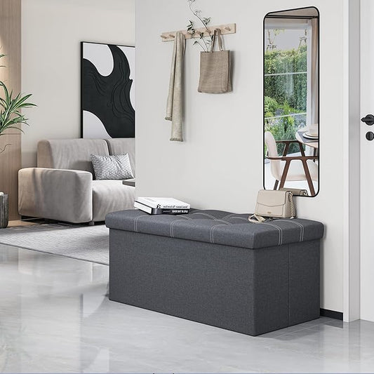 Youdesure Folding Storage Ottoman Bench, Footrest Couch for Living Room, 30 inch Storage Bench with Padded Seat for Bedroom Hallway, Holds up to 350lbs, Linen Fabric Grey