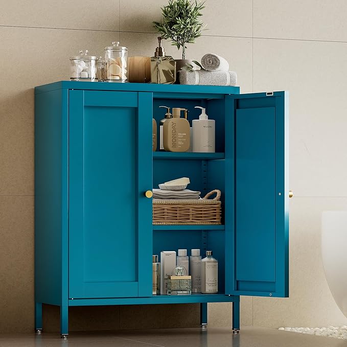 31.5" H Navy Blue Bathroom Cabinet,Blue Storage Cabinet,Metal Bathroom Floor Cabinet with 2 Adjustable Shelves&2 Doors