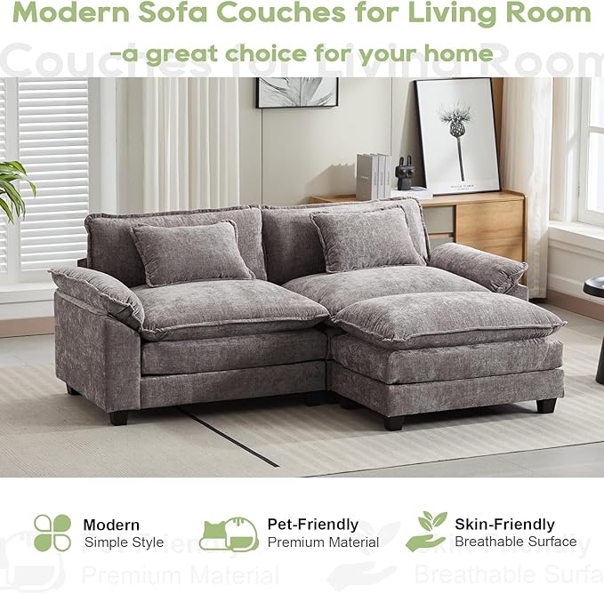 86" Modular Sectional Sofa, Comfy Cloud Couch Sectional Sofa with Ottoman, Chenille Sofa Sleeper Deep Seat Sofa with Throw Pillows for Living Room (Light Gray, 86"- L Shape)