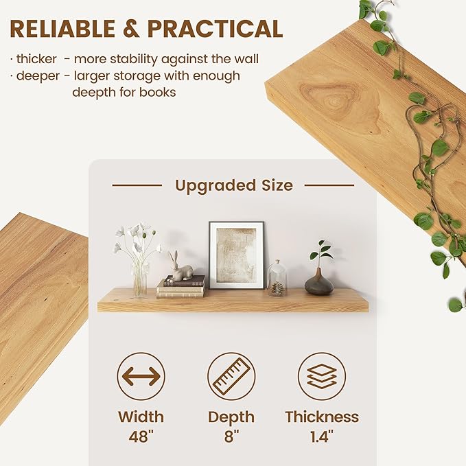 Elm Floating Shelves for Wall Decor, Rustic Solid Wood Shevles Wall Mounted with Invisible Bracket for Living Room Bathroom Bedroom Kitchen, 48 Inch Set of 1, Natural