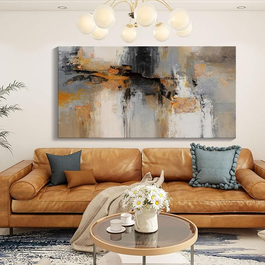 Abstract Canvas Wall Art - Large Framed Gray and Orange Paintings - Modern Wall Art Decor for Living Room & Office - Includes Pictures for Home Decoration Artwork for Bedroom 24×48IN