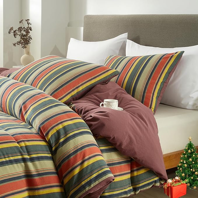 VM VOUGEMARKET Red Green Striped Duvet Cover Full Size Stylish Farmhouse Style Washed Cotton Multi-Color Stripes Bedding Set 1 Duvet Cover with 2 Pillowcases