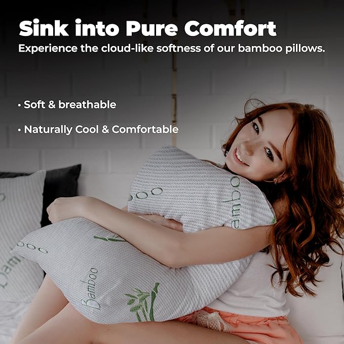 OMEO 2 Pack King Size Rayon Derived from Bamboo Pillow for Sleeping Shredded Memory Foam Bed Pillows for Side, Back and Stomach Sleepers, Soft, Cooling, Adjustable and Washable Cover 20" x 36"