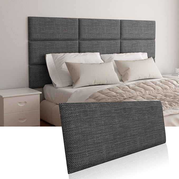 Upholstered Wall Mounted Headboard, Acoustic Wall Panel, Peel and Stick Wall Padding Panel, Dark Grey Towel Fabric, 12-Pack
